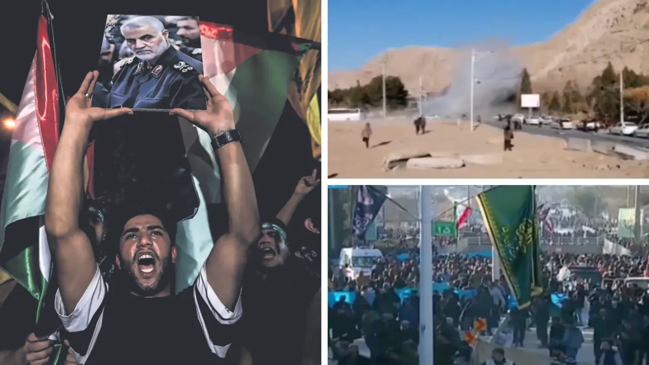 &Aacute; esquerda, un manifestante levanta unha foto de Soleimani nunha protesta en apoio a Palestina, o pasado 18 de outubro en  Bagdad. &Aacute; dereita, momentos das explosi&oacute;ns esta cuarta feira en Kerm&aacute;n.