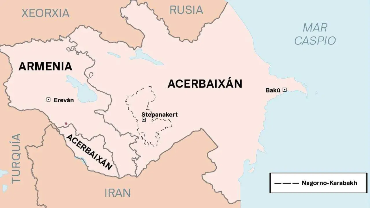 O territorio de Nagorno-Karabakh, no C&aacute;ucaso, foi integrado por completo en Acerbaix&aacute;n. (Mapa: N&oacute;s Diario)