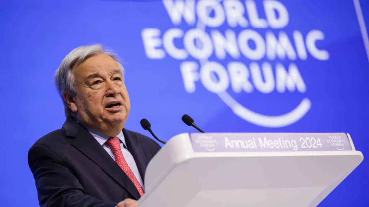 Ant&oacute;nio Guterres, l&iacute;der da ONU, onte no Foro de Davos, Su&iacute;za. (Foto: Hannes P. Albert / DPA)