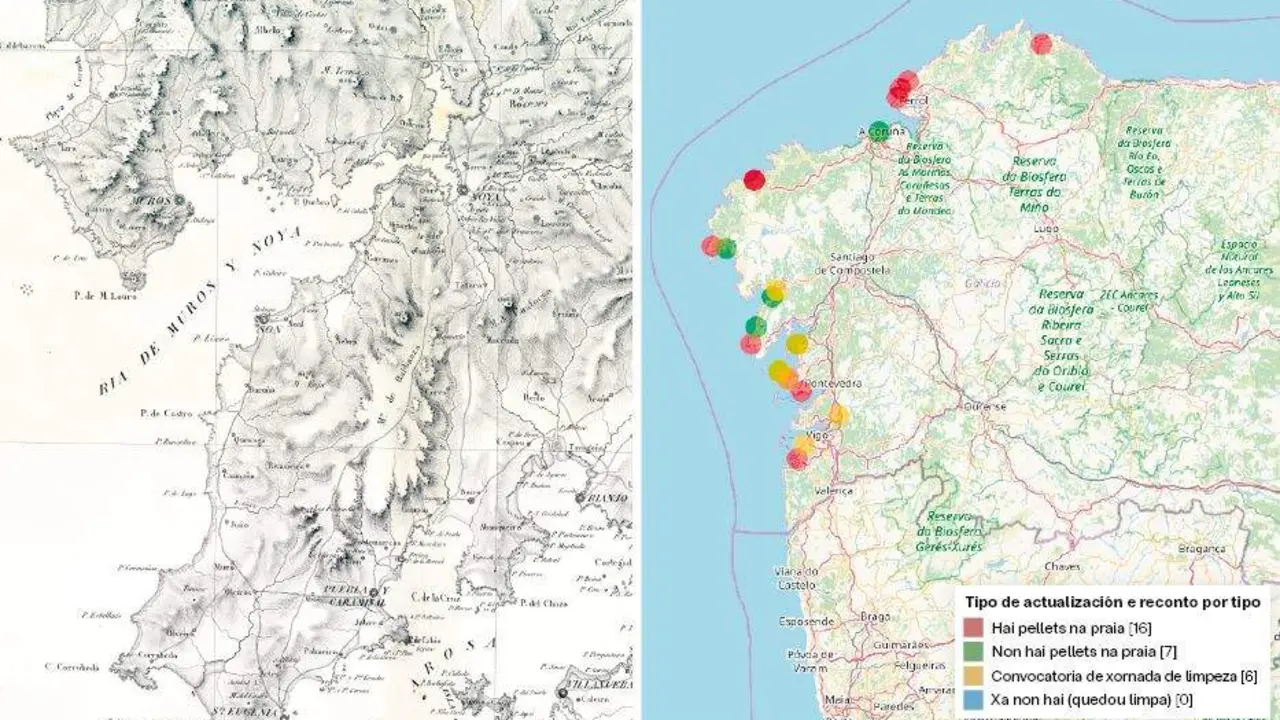 Noia na Carta Xeom&eacute;trica de Font&aacute;n (1834) e crise dos pellets no mapa de Noia Limpa (2024). [Fonte: Font&aacute;n / Noialimpa]