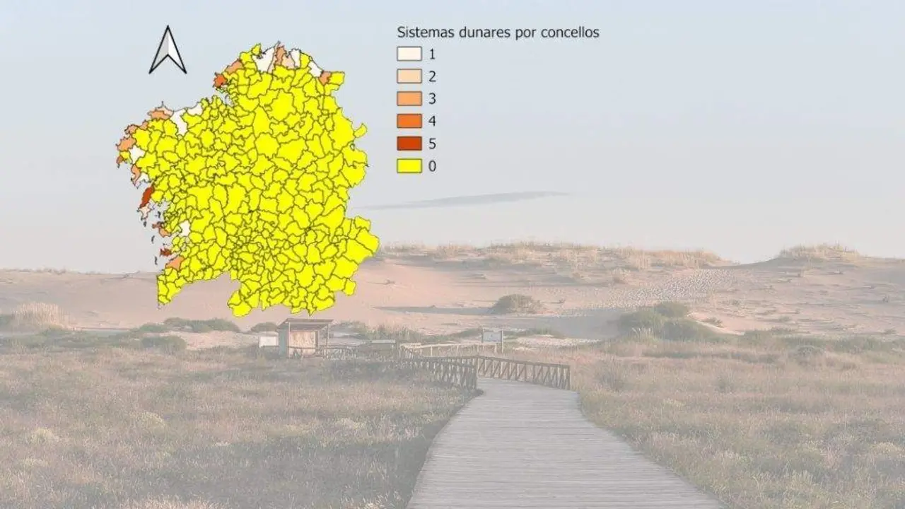 Mapa dos sistemas dunares por concellos sobre unha fotograf&iacute;a das dunas de Corrubedo, en Ribeira.