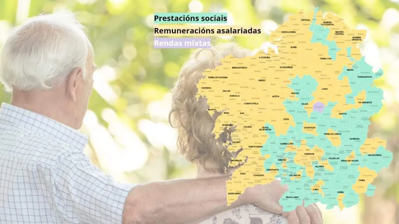 A fonte de renda maioritaria en cada un dos concellos galegos. (Mapa: N&oacute;s Diario / Fonte: IGE)