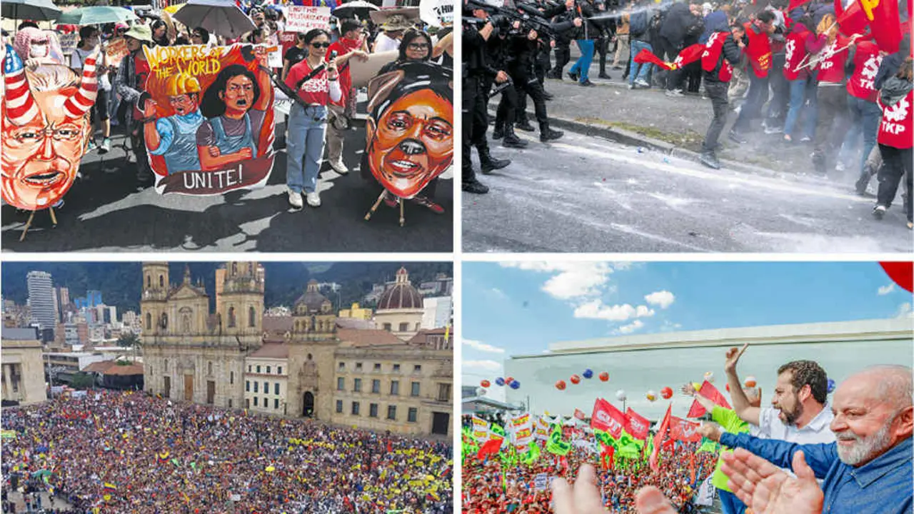 No sentido das agullas do reloxo: Protestas do Primeiro de Maio en Filipinas, Turqu&iacute;a, Colombia e o Brasil, co presidente Lula da Silva (dereita). (Fotos: Daniel Ceng Shou-Yi / Tolga Uluturk / ZUMA Press W / DPA / Presidencia de Colombia / Ricardo Stuckert / PR)