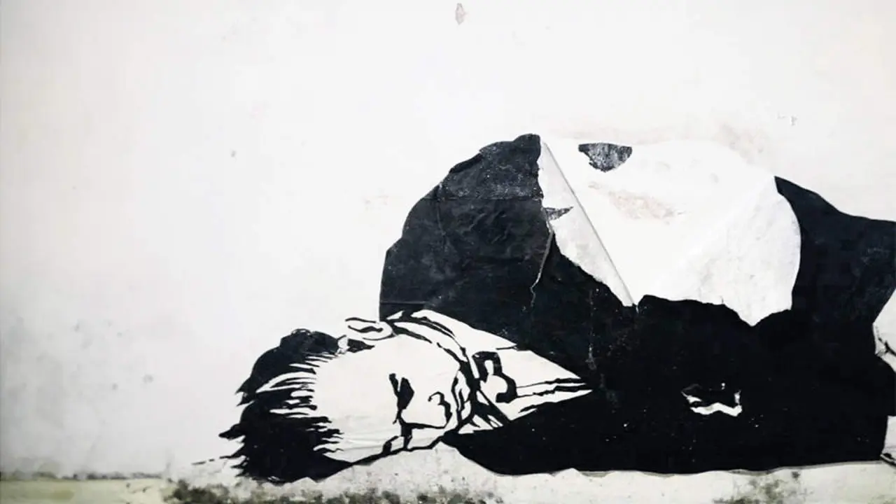 Mural localizado no exterior do Vello C&aacute;rcere de Lugo onde se ve Alexandre B&oacute;veda como na 'Derradeira lecci&oacute;n do mestre' de Castelao. (Foto: Primo Banksy / Museo Interactivo da Historia de Lugo).