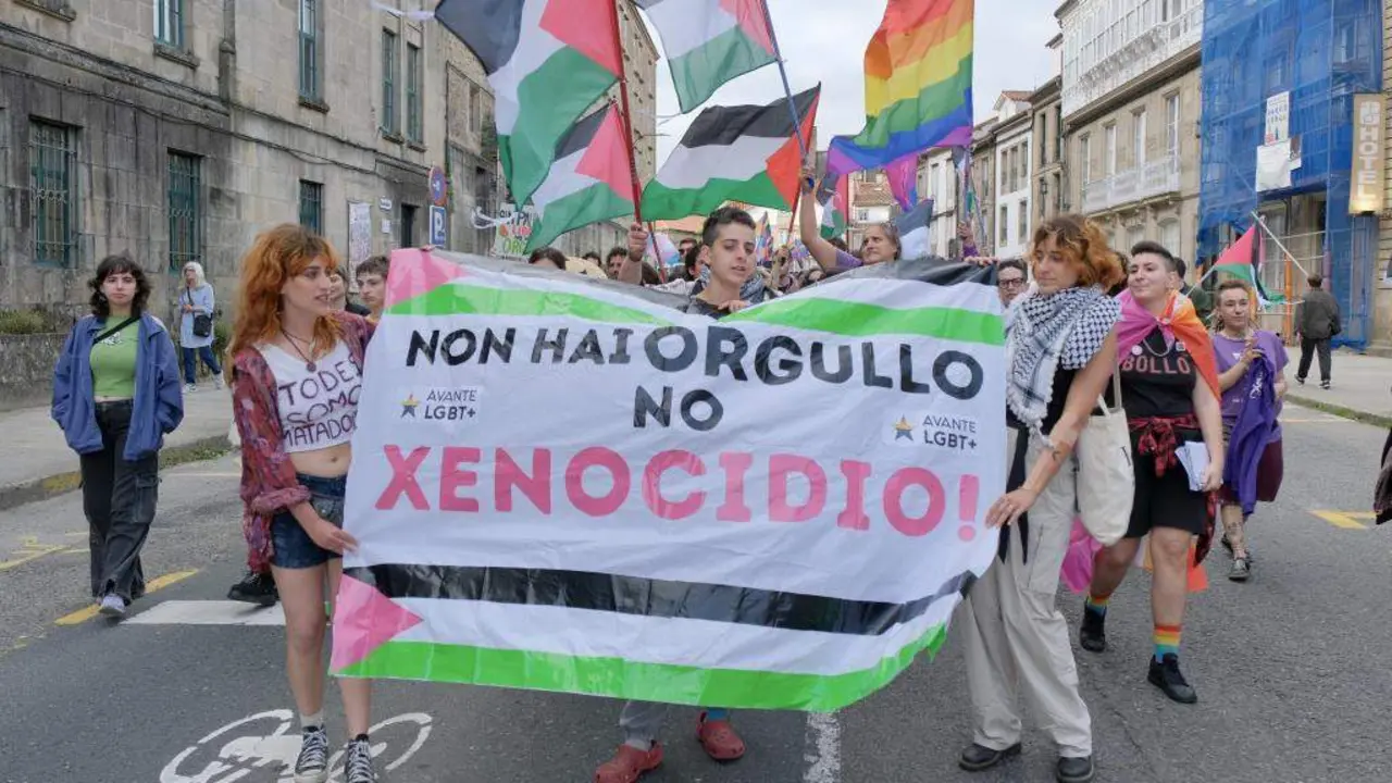 Integrantes de Avante LGBT+ na manifestaci&oacute;n decorrida esta sexta feira en Compostela con motivo do D&iacute;a do Orgullo. (Foto: Arxina)