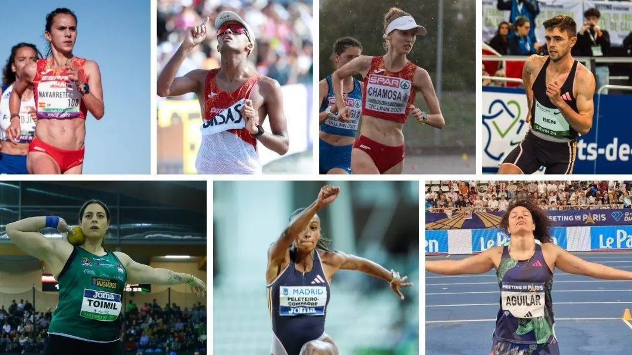 De esquerda a dereita e de arriba a abaixo, Ester Navarrete, Tariku Novales, Ant&iacute;a Chamosa, Adri&aacute;n Ben, Bel&eacute;n Toimil, Ana Peleteiro e Yulenmis Aguilar. (Fotos: RFEA | Europa Press)