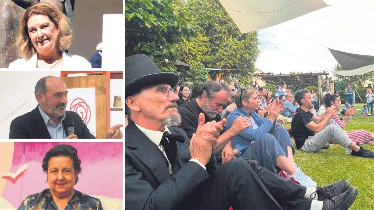 Catherina Davies, Anxo Angueira e Pilar Garc&iacute;a Negro. &Aacute; dereita, p&uacute;blico no 
xard&iacute;n na edici&oacute;n de 2023. 
En primeiro termo, un 
actor caracterizado de Manuel Murgu&iacute;a.
