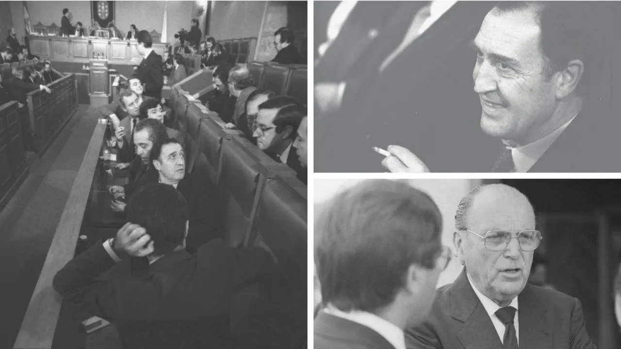 Carlos Mella, no Parlamento galego na s&uacute;a anterior sede no Pazo de Fonseca, en 1985 (segundo pola dereita, xirado cara atr&aacute;s). &Aacute; dereita, Carlos Mella na C&aacute;mara nos anos 80 e, debaixo, Fern&aacute;ndez Albor en 1984. (Foto: Xan Carballa)