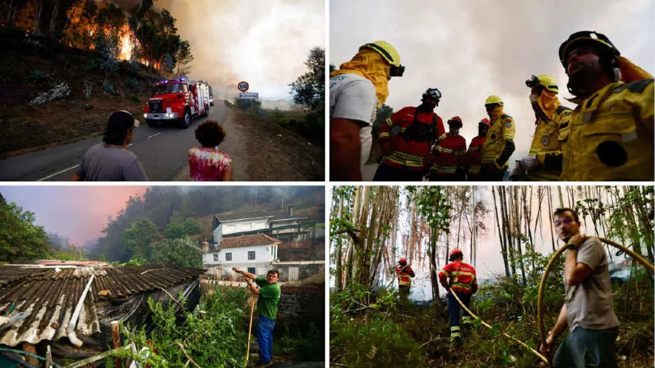 Incendio a segunda feira en Sever do Vouga (Aveiro), onde a veci&ntilde;anza tratou de protexer con auga as s&uacute;as casas e axudou os bombeiros. (Foto: Diogo Baptista / Zuma Press / Europa Press)