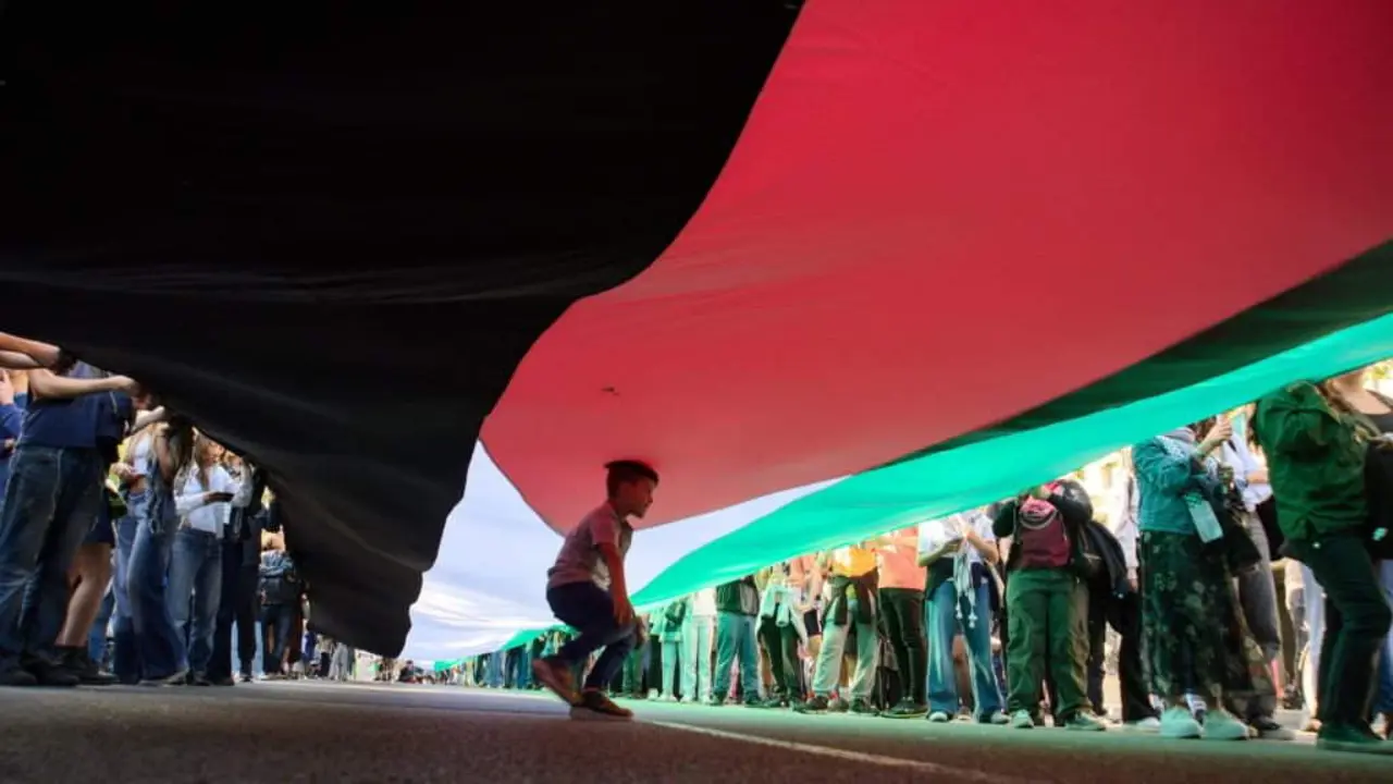 A bandeira de palestina no centro dunha manifestaci&oacute;n, imaxe de arquivo. (Foto: N&oacute;s Diario)