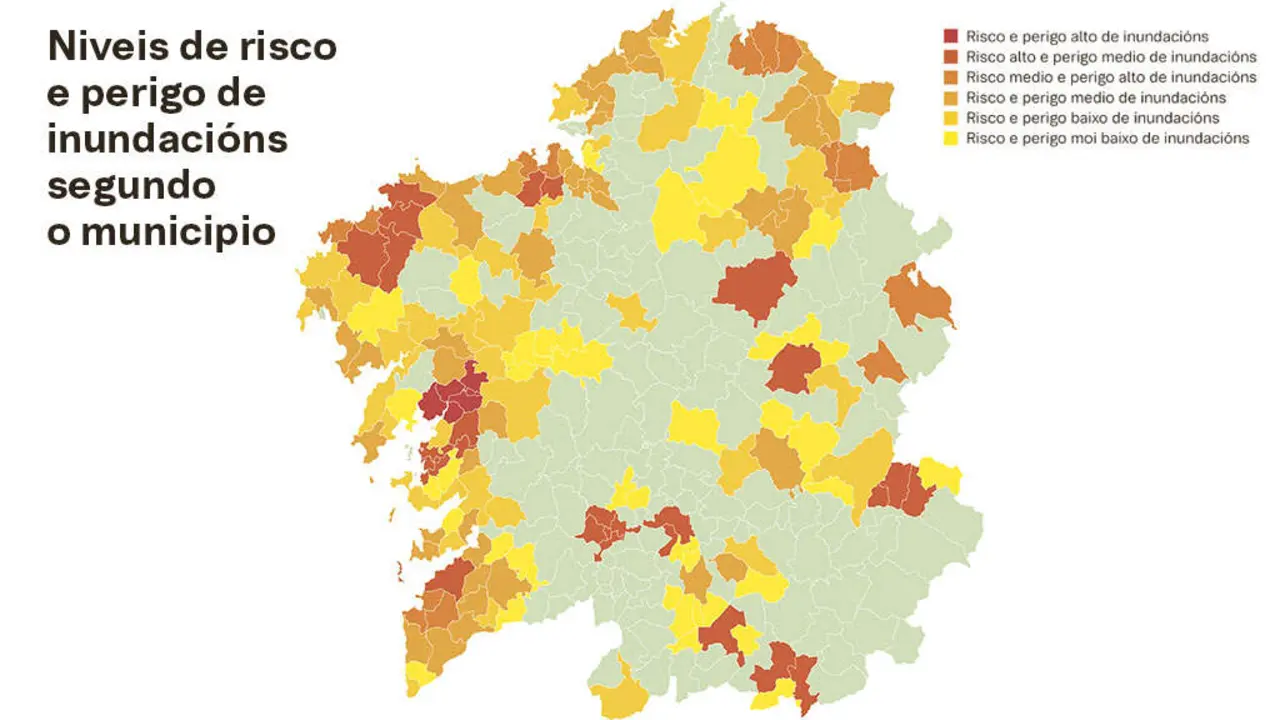 Risco de inundaci&oacute;n por concellos. (Fonte: Inungal / Mapa: N&oacute;s Diario)