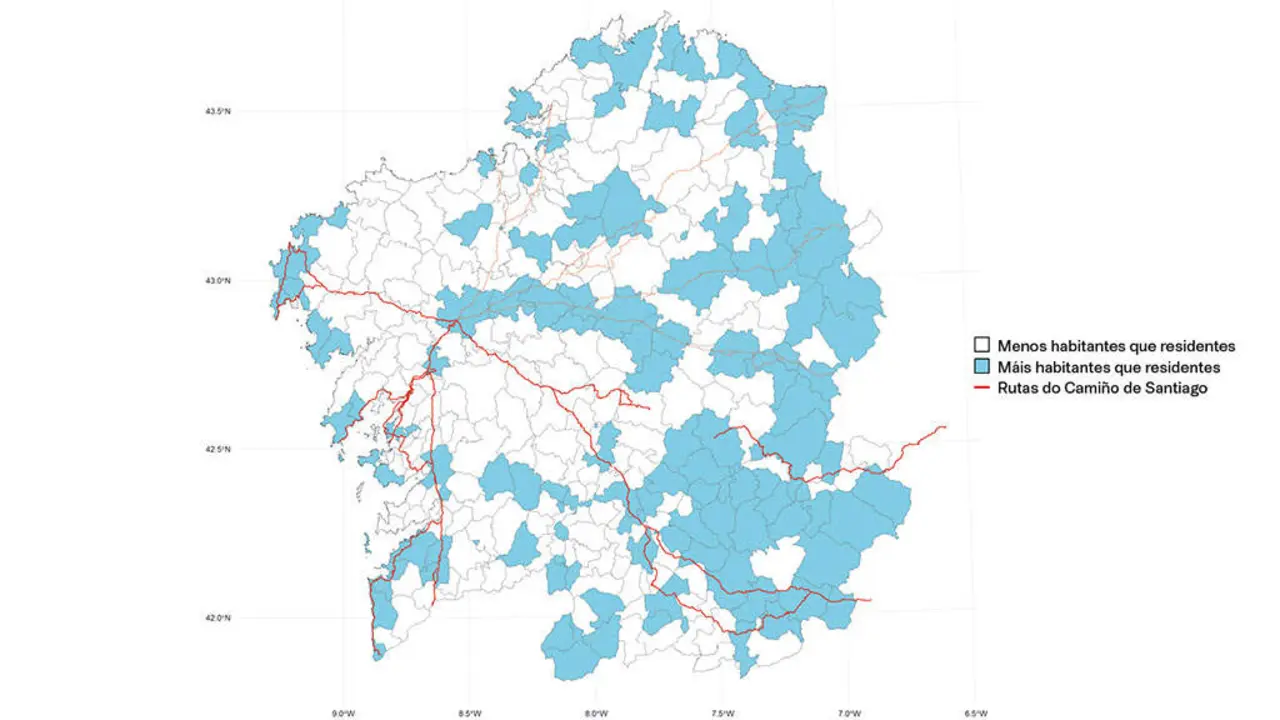 Taxa de carga poboacional municipal (media 2015-2019) e rutas do Cami&ntilde;o de Santiago. (Gr&aacute;fico: Elaboraci&oacute;n do autor a partir de datos do IGE e do Instituto Xeogr&aacute;fico Nacional)