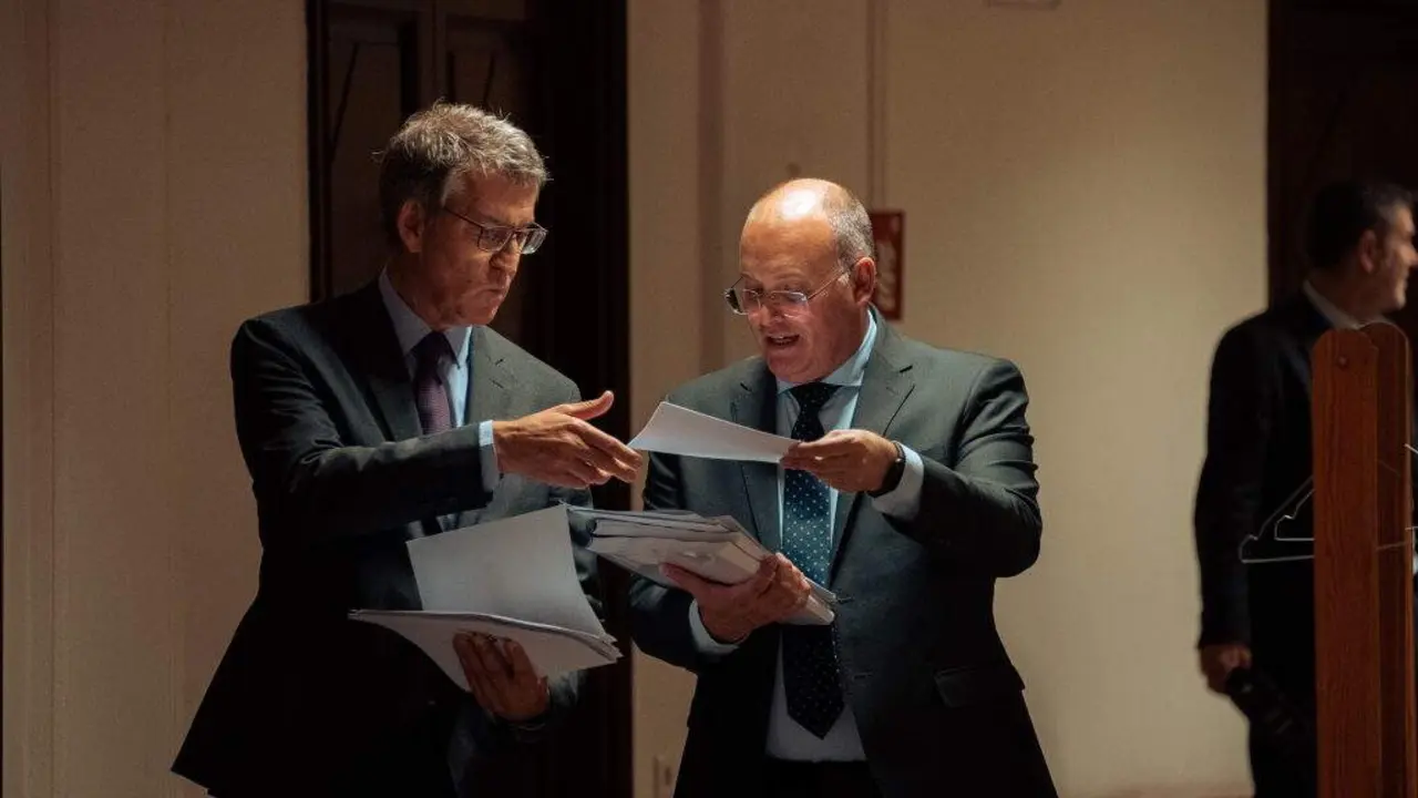 Alberto N&uacute;&ntilde;ez Feixoo e Miguel Tellado, nos corredores do Congreso. (Foto Gabriel Luengas  Europa Press)
