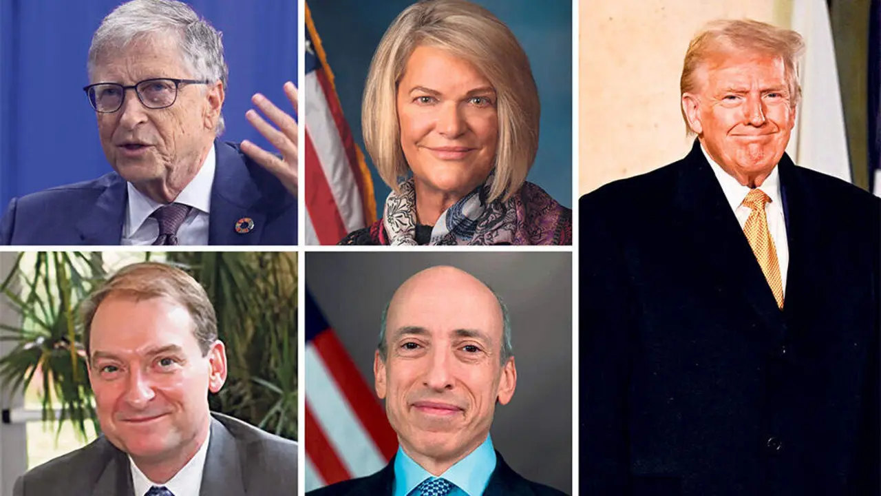 Bill Gates e Cynthia Lummis. Abaixo, Paul Atkins e Gary Gensler. &Aacute; dereita, Donald Trump a pasada fin de semana. (Foto: Nancy Kaszerman / ZUMA Press Wire / DPA - US Senate Photographic Studio - Toppersmith - US Securities and Exchange Commission - Julien De Rosa / AFP / DPA)
