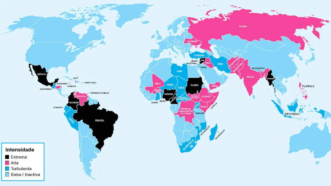 Pa&iacute;ses con conflitos armados segundo a clasificaci&oacute;n de Acled en decembro de 2024. (Imaxe: N&oacute;s Diario)