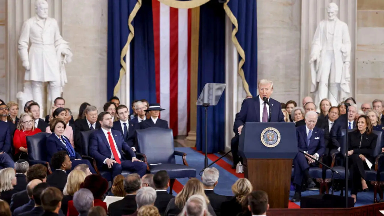 Donald Trump no discurso da s&uacute;a toma de posesi&oacute;n como presidente estadounidense, o 20 de xaneiro de 2025 en Washington D.C. (Foto: Shawn Thew / Zuma Press / ContactoPhoto)