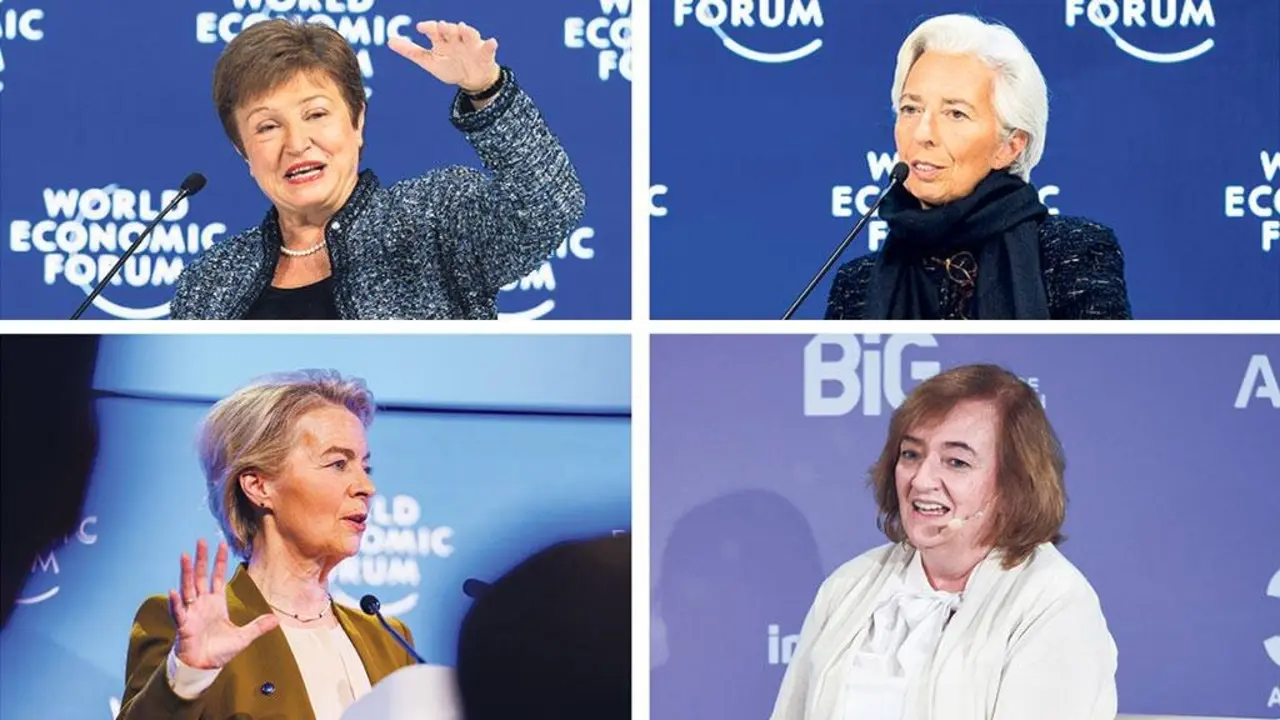 Georgieva (FMI), Lagarde (BCE) e Von der Leyen (CE) no foto de Davos.  Abaixo &aacute; esquerda, Herrero (Airef). [Fotos: Sikarin Fon Thanachaiary / Boris Baldinger / Gustavo Valiente / Europa Press / WEF / DPA]