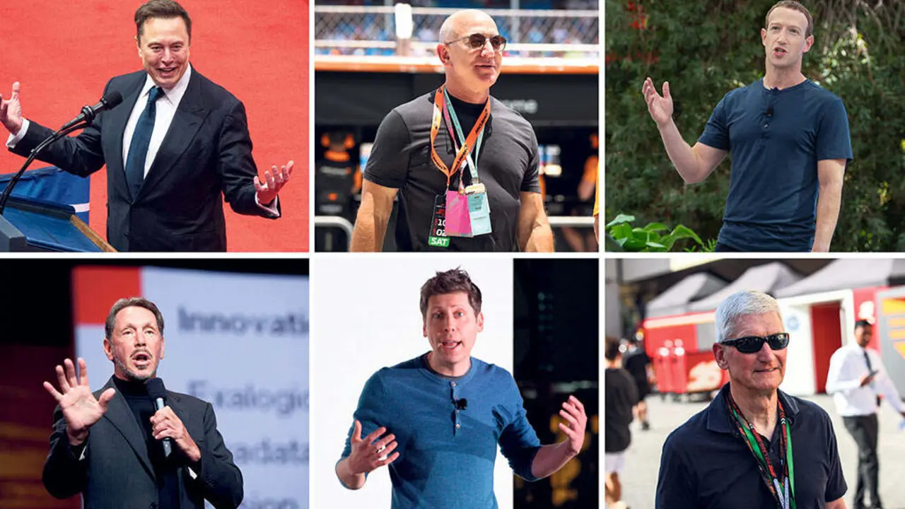 Elon Musk, Jeff Bezos e 
Mark Zuckerberg. Abaixo, Larry Ellison, Sam Altman 
e Tim Cook. (Foto: K.C. Alfred / Antonin Vincent / Andrej Sokolow / Oracle Corporation / AFP7 / San Diego U-T / ZUMA Press / Dppi / DPA / Europa Press)