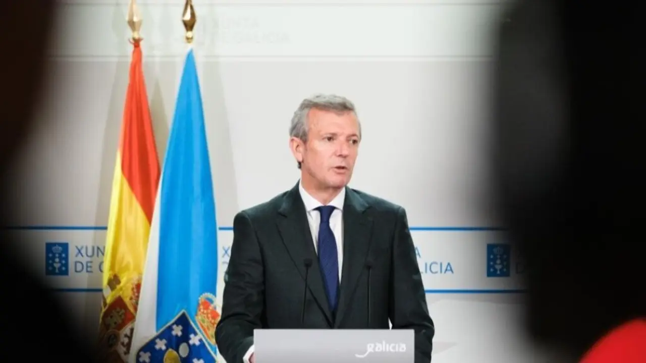 O presidente da Xunta da Galiza, Alfonso Rueda, esta segunda feira ap&oacute;s o Consello da Xunta. (Foto: Xunta da Galiza)