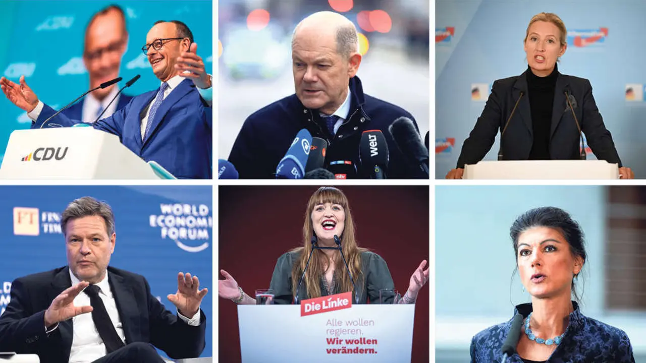 Friedrich Merz (Uni&oacute;n), Olaf Scholz (SPD), Alice Weidel (AfD), Robert Habeck (Os Verdes), Heidi Reichinnek (A Esquerda) e Sahra Wagenknecht (BSW). (Foto: Michael Kappeler / Matthias Wehnert / Alina Gr&uuml;nky / Valeriano Di Domenico / Die Linke / Bernd Elmenthaler / DPA / Europa Press / Contacto)