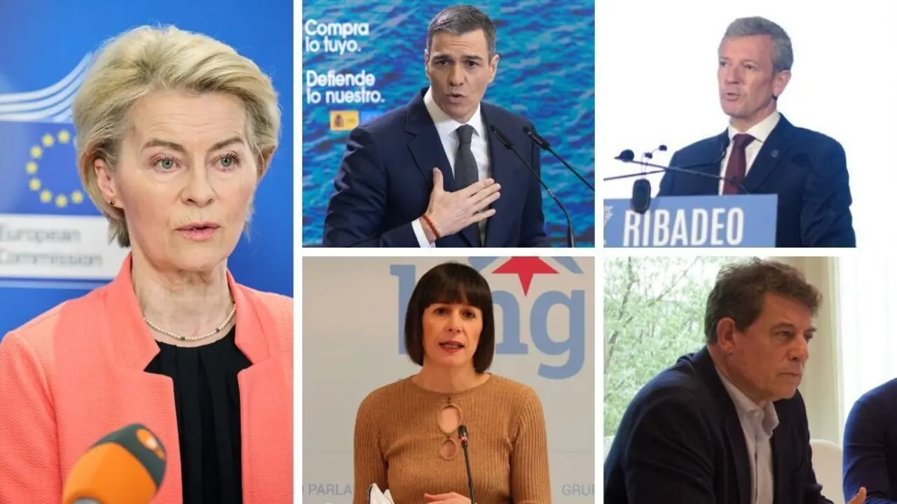 Ursula von der Leyen, Pedro S&aacute;nchez, Alfonso Rueda, Ana Pont&oacute;n e Jos&eacute; Ram&oacute;n G&oacute;mez Besteiro, esta quinta feira. (Fotos: Dati Bendo / Comisi&oacute;n Europea / DPA - Eduardo Parra / Europa Press - Xunta da Galiza - N&oacute;s Diario)