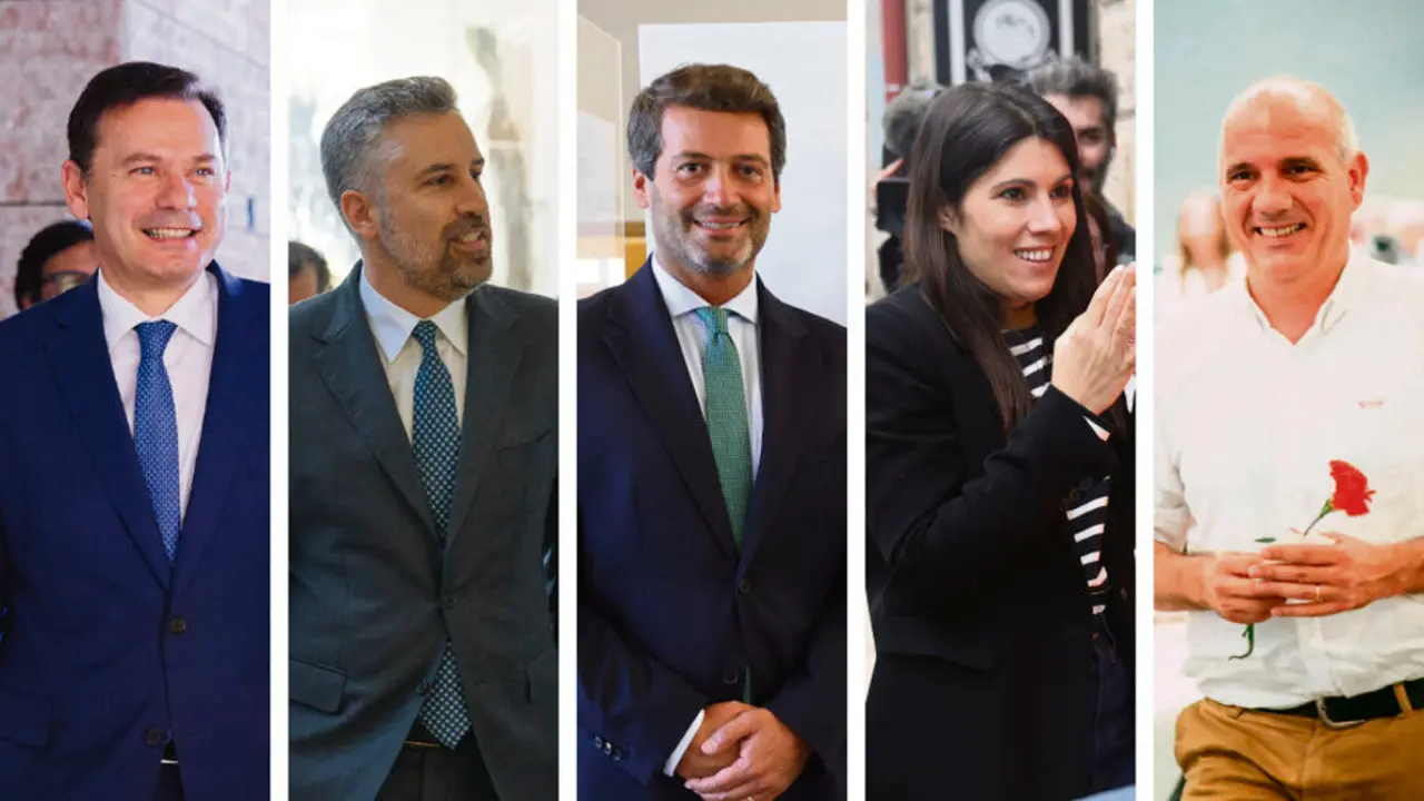 Lu&iacute;s Montenegro (PSD), Pedro Nuno Santos (PS), Andr&eacute; Ventura (Chega), Mariana Mort&aacute;gua (BE) e Paulo Raimundo (PCP). (Foto: PSD / PS / Chega / BE / PCP)