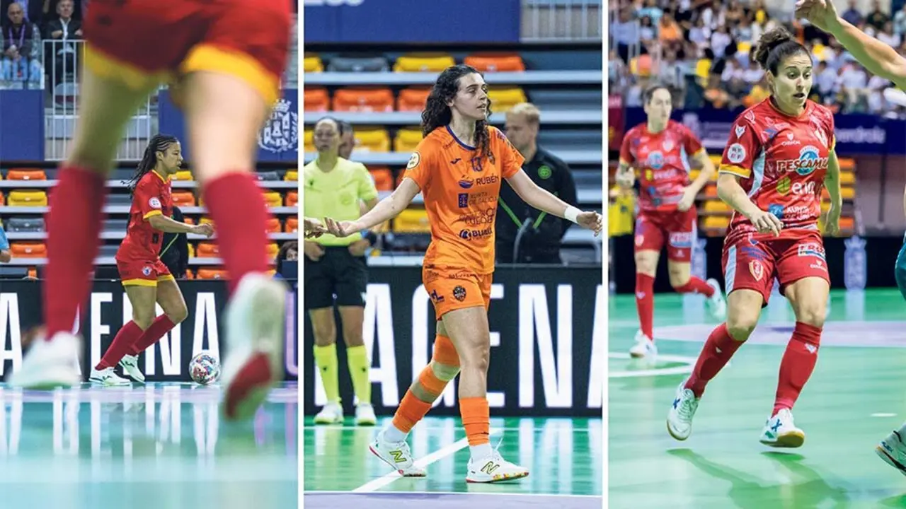 Jenny, do FSF O Castro, onte no partido contra Gran Canaria FSF; Carolina Pedreira, do Burela FS, 
no derbi galego contra 
o Ourense Ontime; e Ale de Paz, do Poio, no encontro contra o STV Rold&aacute;n. (Foto: utsal RFEF - STV Rold&aacute;n)