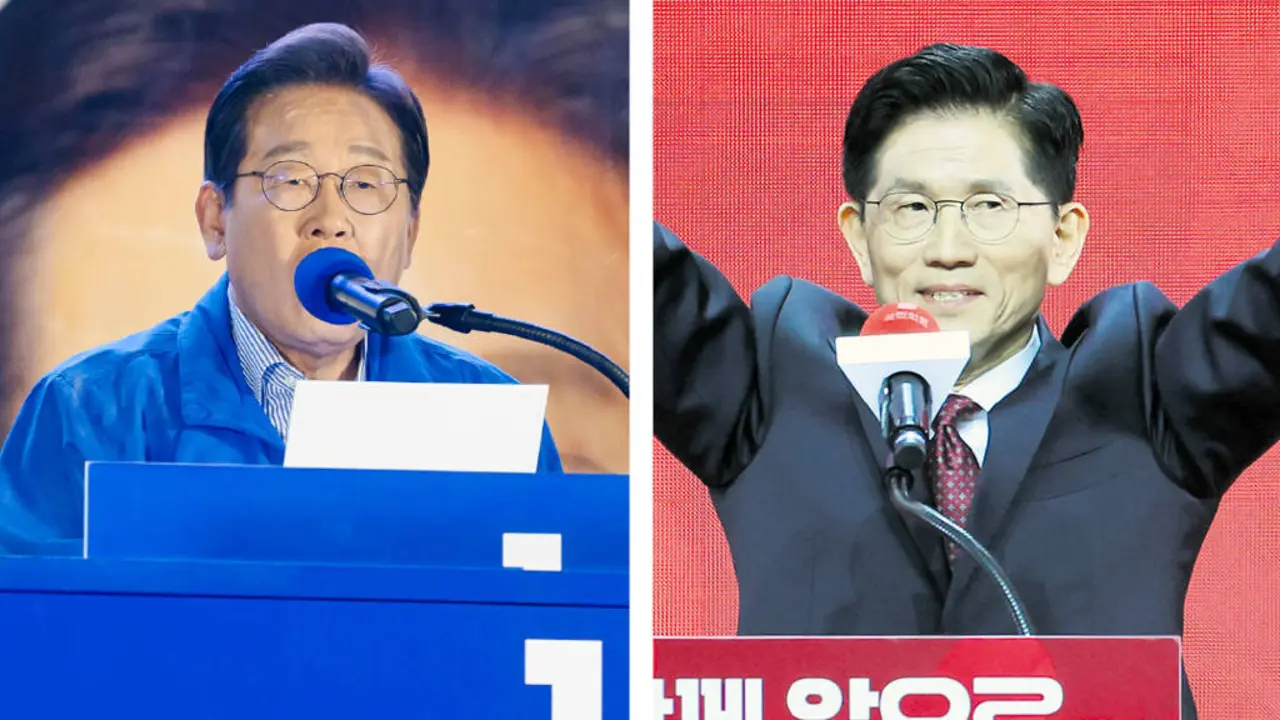 Lee Jae-Myung, candidato do centrista DPK, e Kim Moon-soo, do conservador PPP, durante a campa&ntilde;a electoral. (Foto: YNA / DPA v&iacute;a Europa Press)