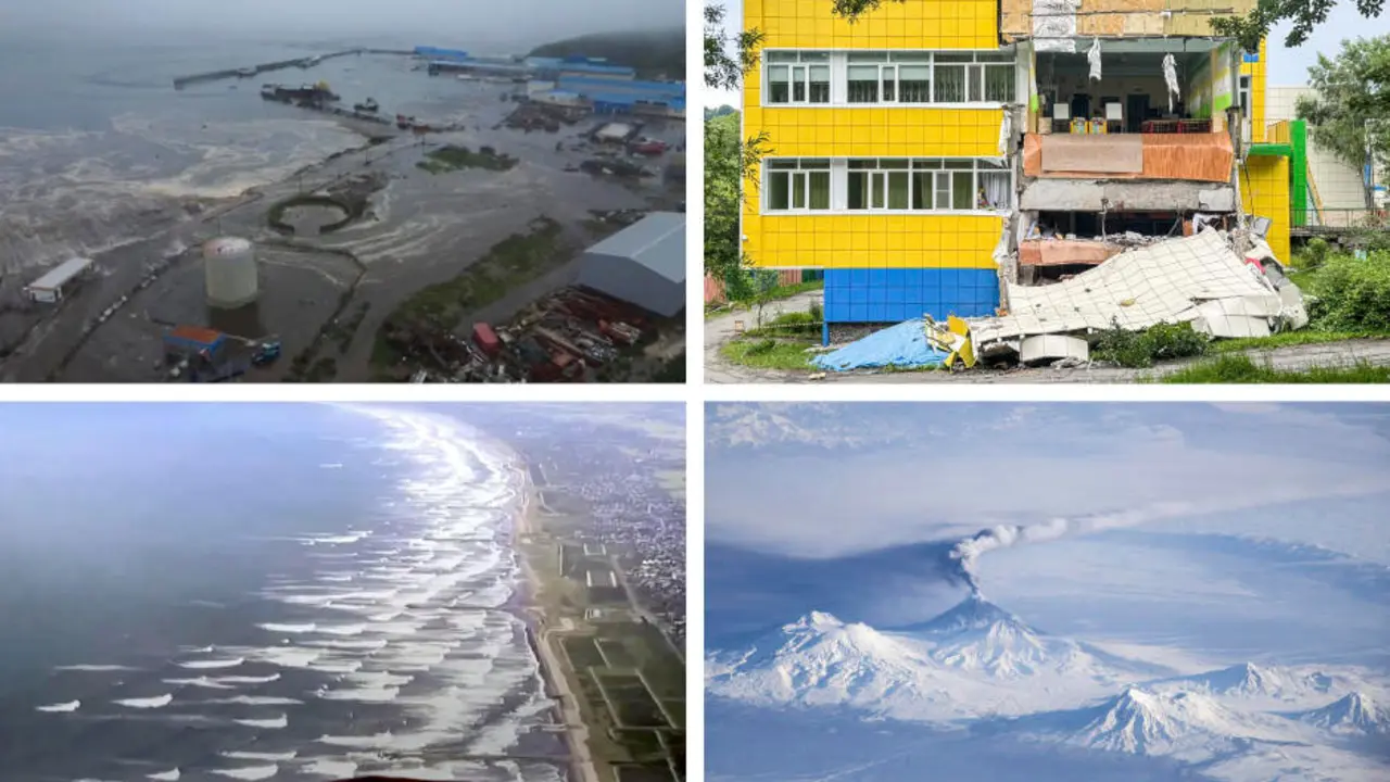 Inundaci&oacute;n polo tsunami en Severo-Kurilsk (Rusia), no norte da Illas Kuril, gardar&iacute;a parcialmente destru&iacute;da en Petropavlovsk-Kamtchatski (Rusia) e tsunami en Tateyama (Xap&oacute;n), o 30 de xullo de 2025, e unha imaxe do volc&aacute;n Kliutchevskoi en 2013. (Foto: Goberno de Kamchatka / Valeria Kosilova / ipa-agency.net / Nasa / Zuma Press / ContactoPhoto / Europa Press)
