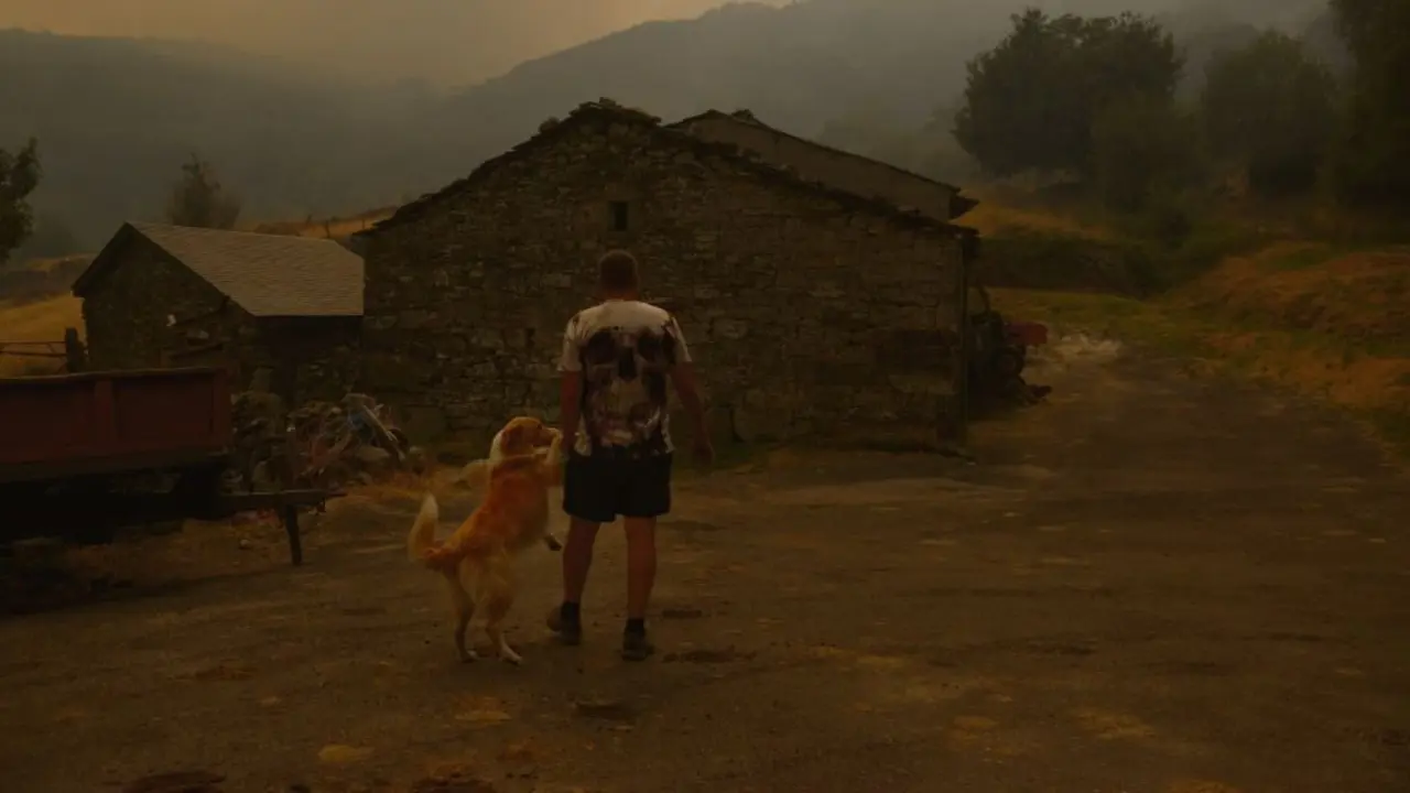 Un home observando onte canda o seu can o avance do fogo e do fume en Chandrexa de Queixa. (Foto: Rosa Veiga / Europa Press)
