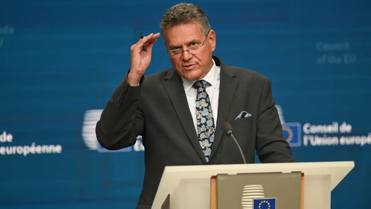 O respons&aacute;bel de Comercio da Comisi&oacute;n Europea, Maros Sefcovic, o 14 de xullo de 2025 en Bruxelas (B&eacute;lxica). (Foto: Ansgaar Haase / DPA v&iacute;a Europa Press)