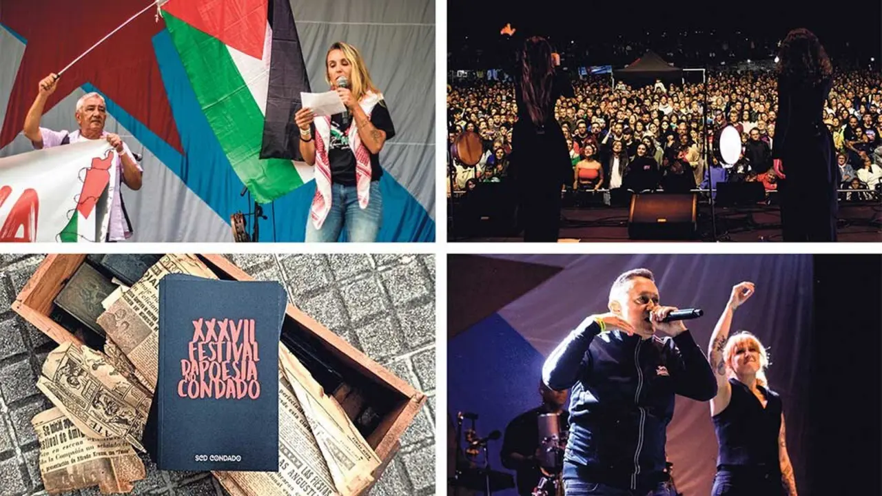 &Aacute; esquerda, Fayez Badawi e Lara Soto presentando o festival o pasado ano e mais o libro desta edici&oacute;n. &Aacute; dereita, actuaci&oacute;n das Fillas de Cassandra e de Fermin Muguruza con S&eacute;s. (Foto: SCD do Condado)
