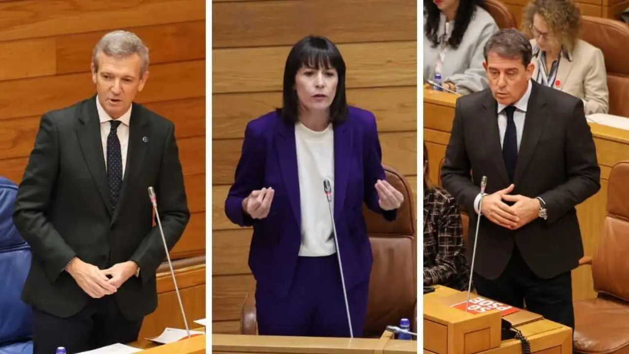 Alfonso Rueda, Ana Pont&oacute;n e Jos&eacute; Ram&oacute;n G&oacute;mez Besteiro, este 19 de novembro. (Foto: Parlamento da Galiza)