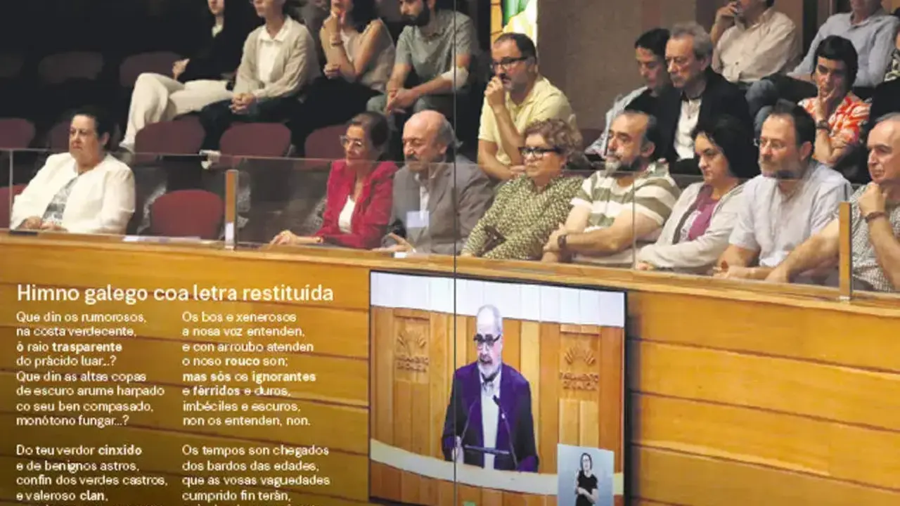 A intervenci&oacute;n do profesor da UDC Manuel Ferreiro foi seguida desde a tribuna por unha ampla representaci&oacute;n da promotora da ILP. (Foto: Arxina)