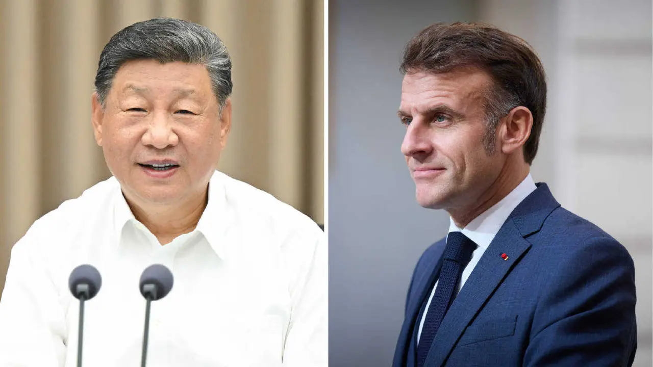 Os presidentes da China, Xi Jinping, e Francia, Emmanuel Macron, o 6 e o 17 de novembro respectivamente. (Foto: Xie Huanchi / Presidencia de Ucra&iacute;na / Europa Press / Contacto)