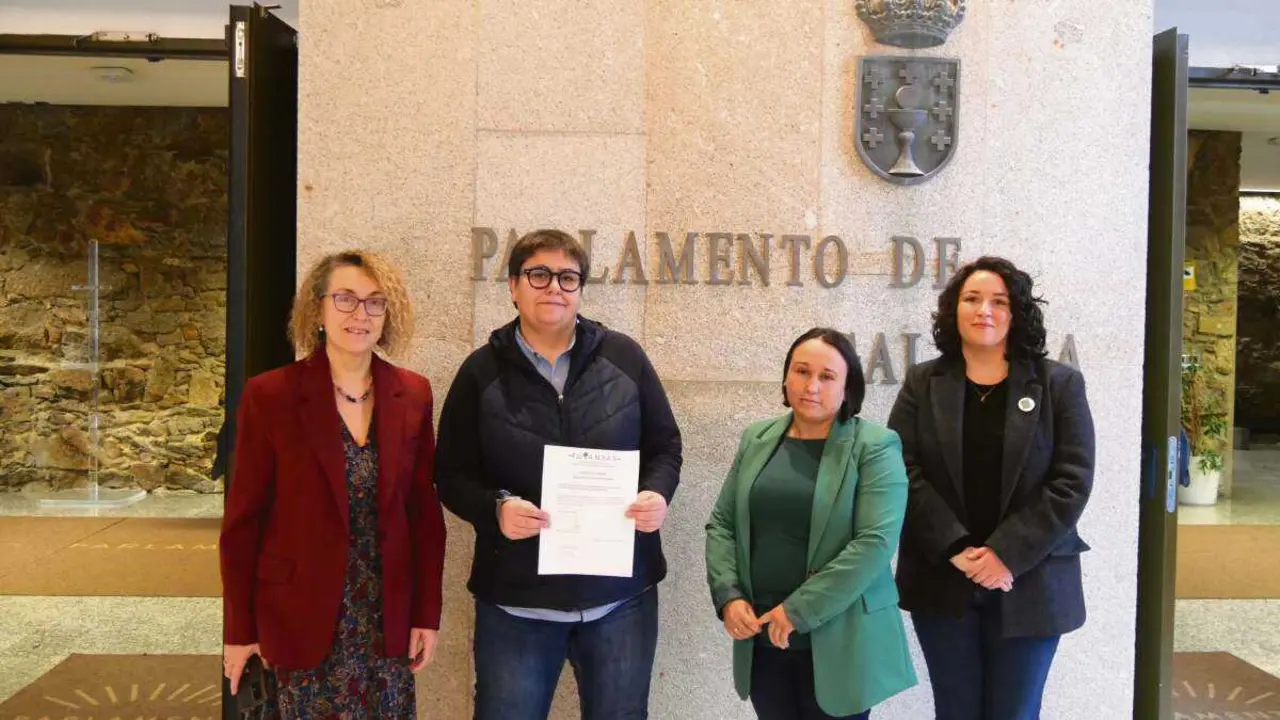 Salvande e Silva, no centro, coas deputadas Cid e Chao (BNG), esta segunda feira. (Foto: N&oacute;s Diario)