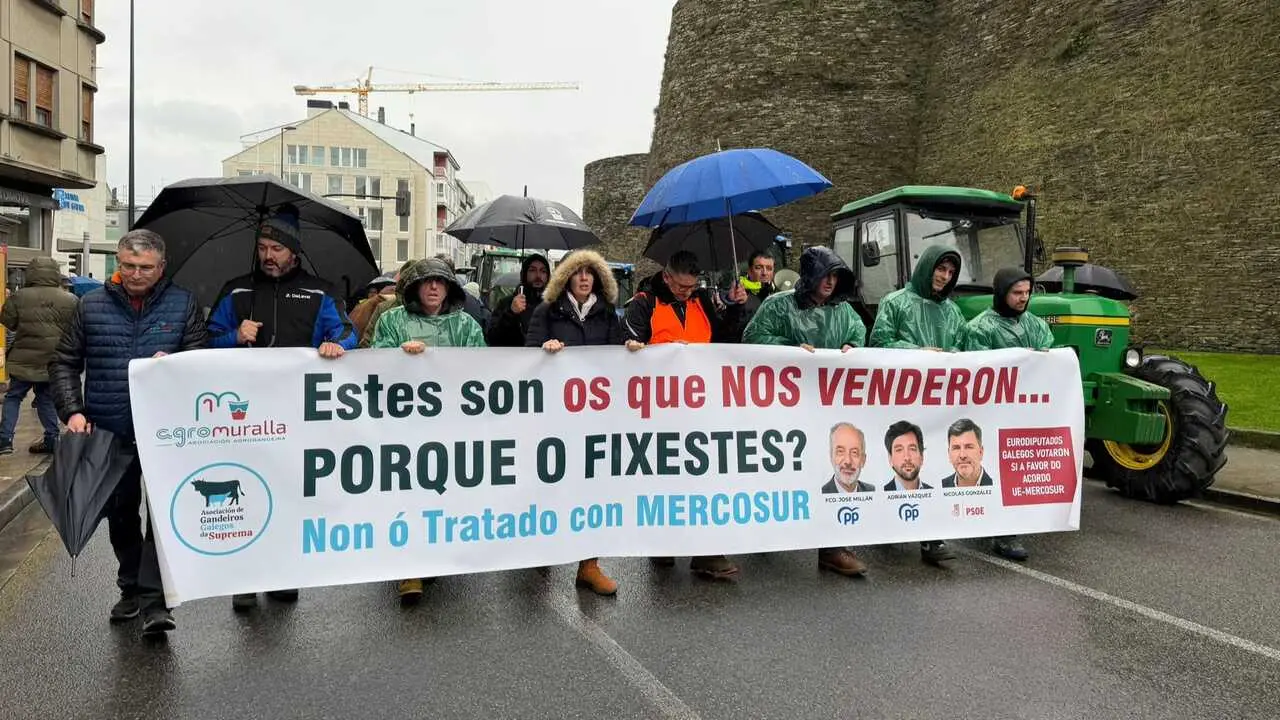 Mobilizaci&oacute;n en Lugo para rechazar o acordo UE-Mercosur, este 20 de xaneiro. (Foto: N&oacute;s Diario)