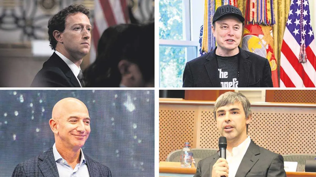 Mark Zuckerberg e Elon Musk. Abaixo, Jeff Bezos e Larry Page. (Fotos: Europa Press / Contacto / Francis Chung - Pool v&iacute;a CNP, Marcin Mycielsk)