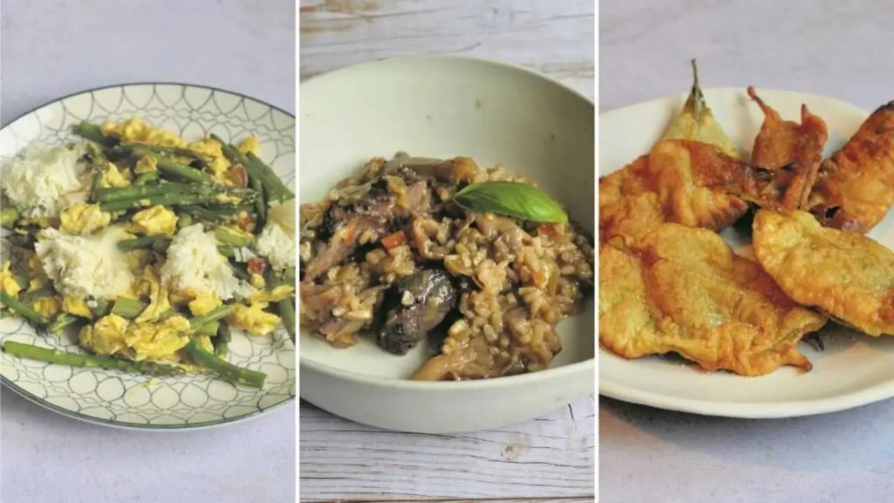 Revolto de esp&aacute;rragos verdes e flores de San Sim&oacute;n, arroz de faceiras con cogumelos e follas de limoeiro. (Foto: Anxo Fole)