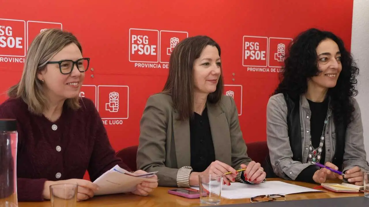 Pilar Garc&iacute;a Porto, Lara M&eacute;ndez e Ana Abelleira, en rolda de prensa este 28 de febreiro. (Foto: N&oacute;s Diario)