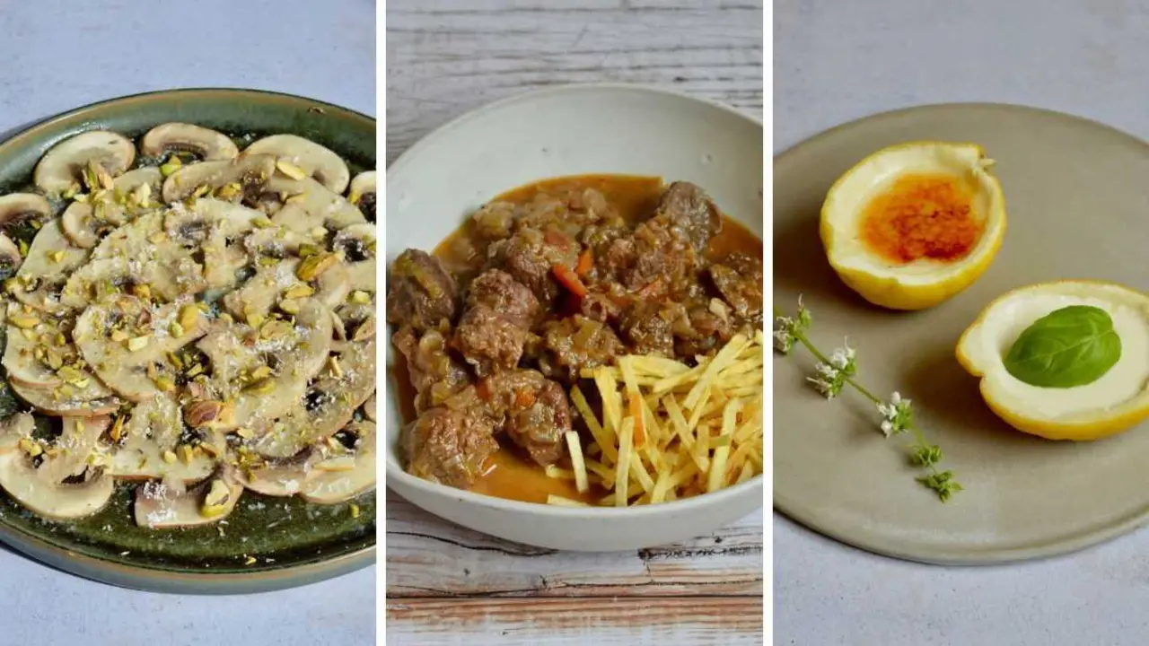 Carpaccio de Portobello, Goulash alem&aacute;n e posset de lim&oacute;n e alf&aacute;bega. (Foto: Anxo Fole)