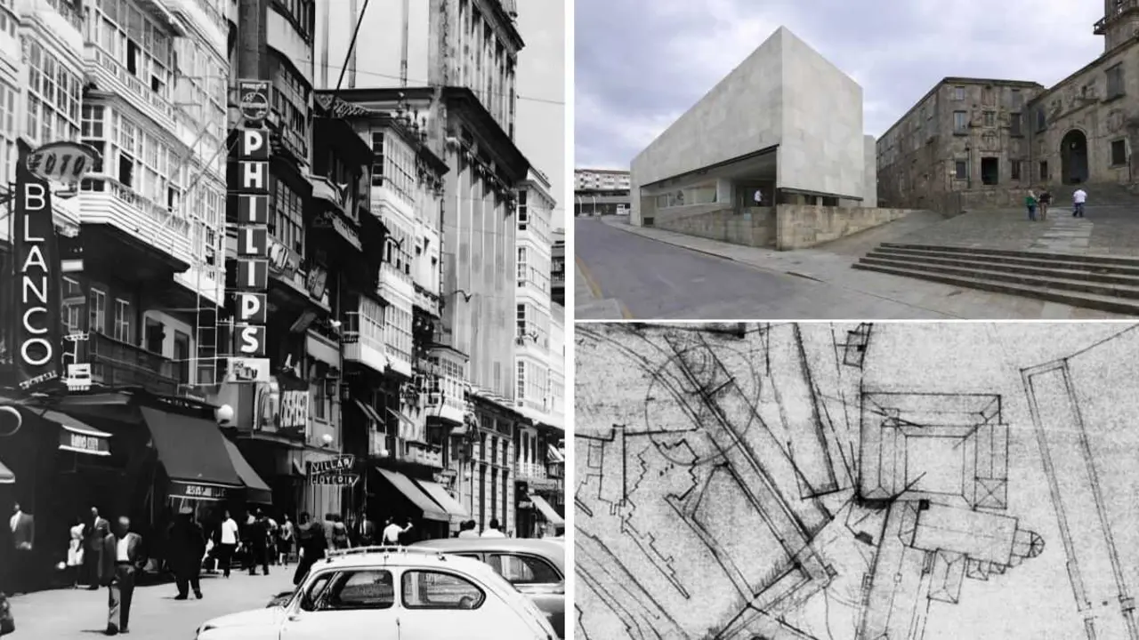 Diversos edificios, unha mesma e densa urbanidade. A nova arquitectura reactivando o existente. (Foto: Arquivo hist&oacute;rico -  Google + Photopea)