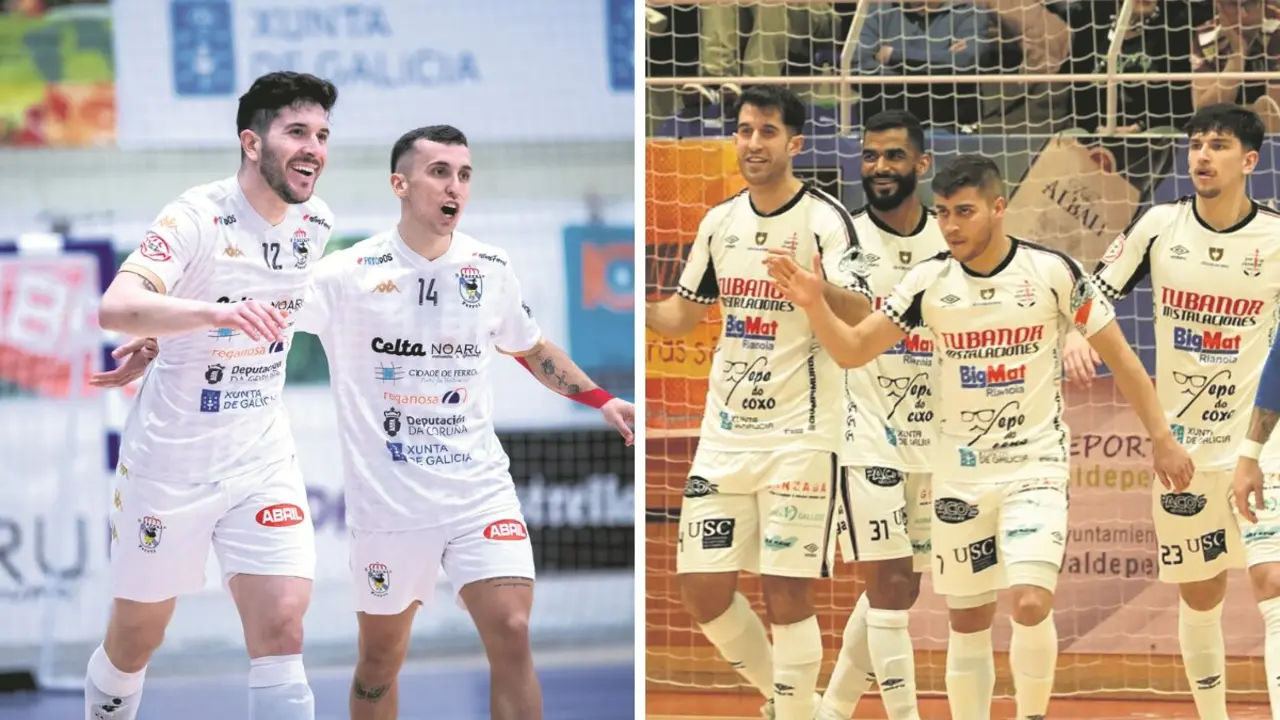 &Aacute; esquerda, Jhoy e Turbi, do Parrulo Ferrol. &Aacute; dereita, Ismael, Churrasco, Altamirano e Thierry, do Noia Portus Apostoli. (Foto: Manu Lorenzo / Ismael Mij&aacute;n)