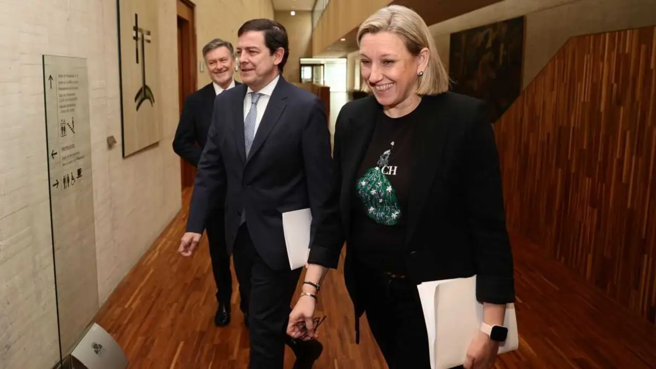 Alfonso Fern&aacute;ndez Ma&ntilde;ueco, no centro, xunto ao secretario rexional do PP, Francisco V&aacute;zquez, e a vicepresidenta da Junta de Castela e Le&oacute;n, Isabel Blanco, o 26 de marzo. (Foto: Photogenic/Claudia Alba / Europa Press)