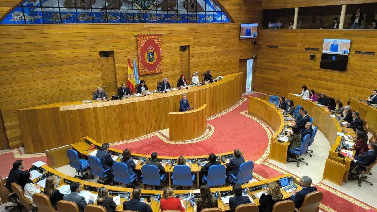 Intervenci&oacute;n de Alfonso Rueda, este 8 de abril no Parlamento galego. (Foto: N&oacute;s Diario)