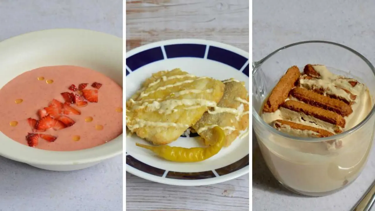 Salmorejo de amorodos, bacallau rebozado con maonesa de piparras e cheesecake de caf&eacute;. (Foto: Anxo Fole)
