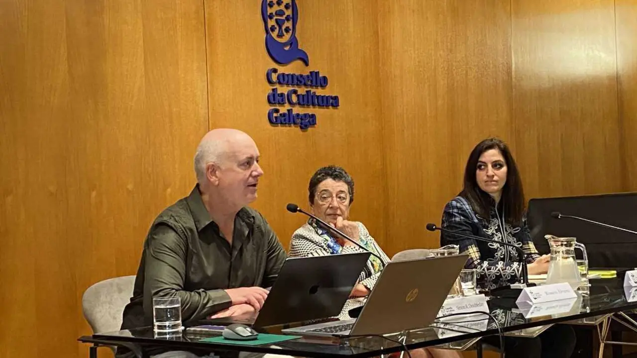 Simon Doubleday, Rosario &Aacute;lvarez e Diana Pelaz na presentaci&oacute;n da xornada. (Foto: Ra&uacute;l Salgueiro)