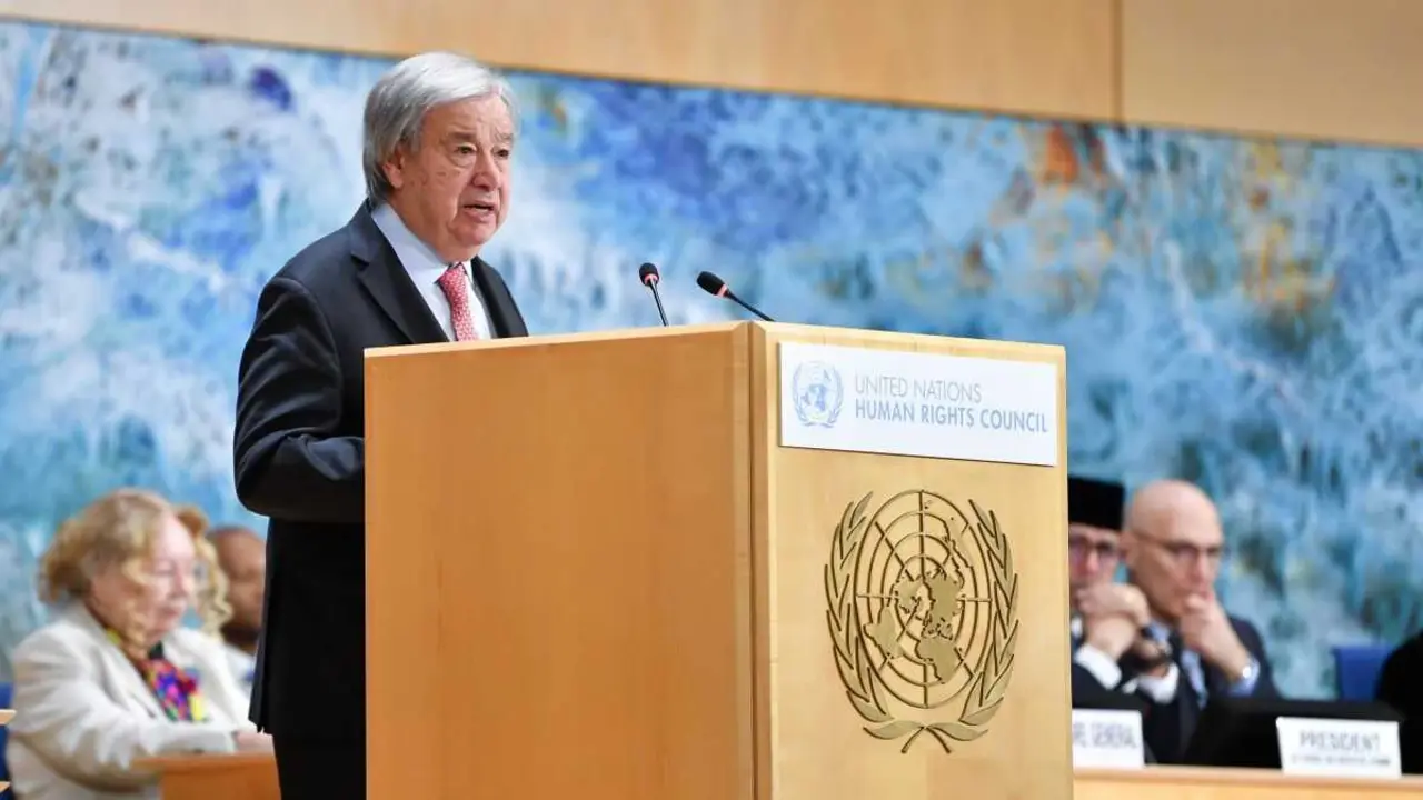 O secretario xeral da ONU, Antonio Guterres, interv&eacute;n na 61&ordf; sesi&oacute;n do Consello de Dereitos Humanos en Xenebra, Su&iacute;za, o 23 de febreiro. (Foto: Europa Press / Contacto / Lian Yi)