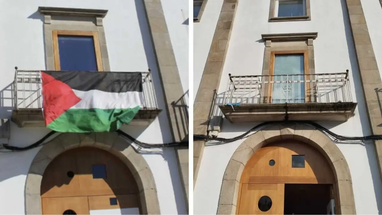 Antes e despois da retirada da bandeira palestina no Vello C&aacute;rcere de Lugo. (Foto: N&oacute;s Diario)