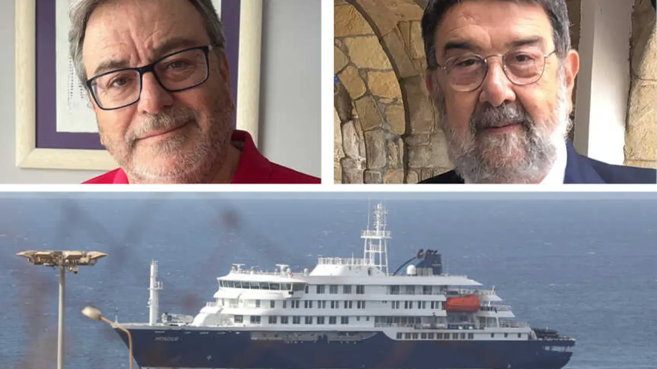 Antonio Antela e Juan Gestal. Abaixo, o 'MV Hondius'. (Foto: Europa Press / Contacto / Elton Monteiro-N&oacute;s Diario)